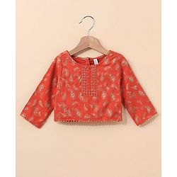 Babyhug Three Fourth Sleeves Choli With Lehenga & Dupatta Brocade Print - Orange