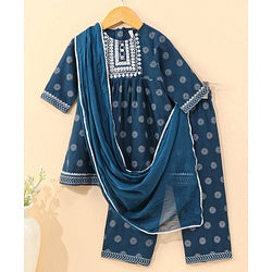 Babyhug Half Sleeves Kurti & Pant Set With Dupatta Floral Print - Navy Blue