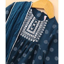 Babyhug Half Sleeves Kurti & Pant Set With Dupatta Floral Print - Navy Blue