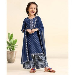 Babyhug Three Fourth Sleeves Cotton Embroidered Kurti & Palazzo Set With Dupatta Printed- Navy Blue