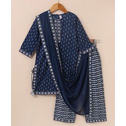Babyhug Three Fourth Sleeves Cotton Embroidered Kurti & Palazzo Set With Dupatta Printed- Navy Blue