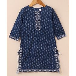 Babyhug Three Fourth Sleeves Cotton Embroidered Kurti & Palazzo Set With Dupatta Printed- Navy Blue