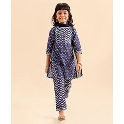 Babyhug Three Forth Sleeves Kurta And Churidar Set With Dupatta Floral Print - Navy Blue