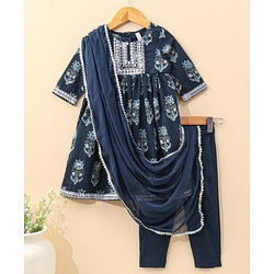 Babyhug Half Sleeves Kurti & Churidar Set With Dupatta Floral Print - Navy Blue