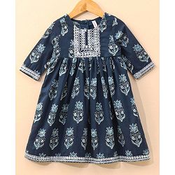 Babyhug Half Sleeves Kurti & Churidar Set With Dupatta Floral Print - Navy Blue