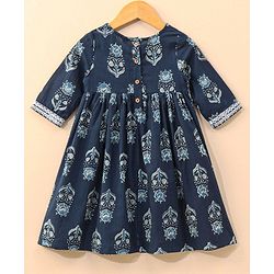 Babyhug Half Sleeves Kurti & Churidar Set With Dupatta Floral Print - Navy Blue