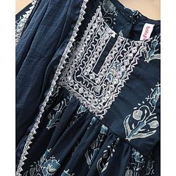 Babyhug Half Sleeves Kurti & Churidar Set With Dupatta Floral Print - Navy Blue