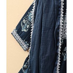 Babyhug Half Sleeves Kurti & Churidar Set With Dupatta Floral Print - Navy Blue