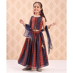 Babyhug Sleeveless Woven Printed Lehenga & Choli Set With Dupatta - Navy Blue