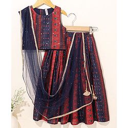 Babyhug Sleeveless Woven Printed Lehenga & Choli Set With Dupatta - Navy Blue