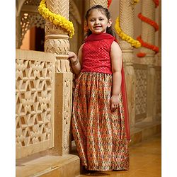 Babyhug Woven Sleeveless Choli With Printed Lehenga & Dupatta - Red