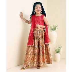 Babyhug Woven Sleeveless Choli With Printed Lehenga & Dupatta - Red