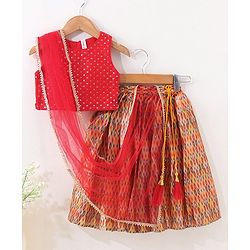 Babyhug Woven Sleeveless Choli With Printed Lehenga & Dupatta - Red