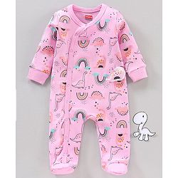 Babyhug Full Sleeves Cotton Dino Printed Night Suit - Pink