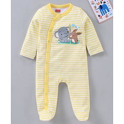 Babyhug Full Sleeves Footed Stripe Sleepsuit Animal Print - White Light Yellow