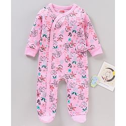 Babyhug Cotton Knit Full Sleeves Footed Sleepsuit Floral Print - Pink
