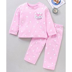 Babyhug Polka Dot Full Sleeves Night Suit Fox Applique - Pink