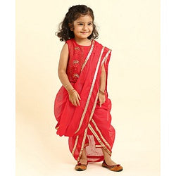Babyhug Sleeveless Blouse And Sequins Bordered Saree - Red