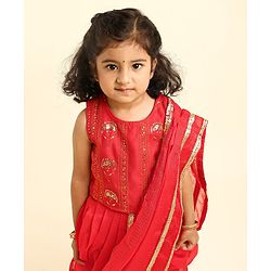 Babyhug Sleeveless Blouse And Sequins Bordered Saree - Red
