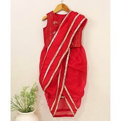 Babyhug Sleeveless Blouse And Sequins Bordered Saree - Red