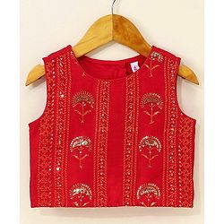 Babyhug Sleeveless Blouse And Sequins Bordered Saree - Red