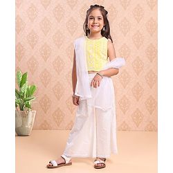 Babyhug Sleeveless Top & Palazzo With Net Dupatta Floral Embroidered - Yellow