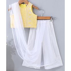 Babyhug Sleeveless Top & Palazzo With Net Dupatta Floral Embroidered - Yellow