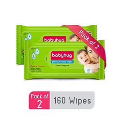 Babyhug Premium 98% Water Baby Wet Wipes with Moisturising Aloe Vera Pack Of 2 - 80 Piece Each