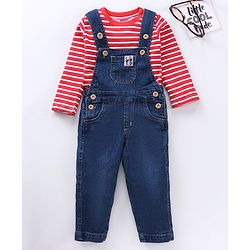 Babyhug Full Sleeves Striped T-Shirt and Dungaree Set Multiprint - Multicolor Blue