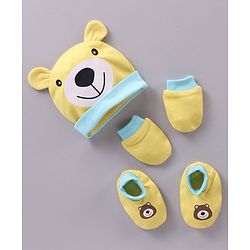 Babyhug 100% Cotton Cap Mittens & Booties Bear Print Yellow - Diameter 10.5 cm