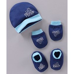 Babyhug 100% Cotton Cap Mittens And Booties Navy Blue - Cap Diameter 11.5 cm