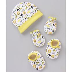 Babyhug 100% Cotton Cap Mittens And Booties White Yellow - Cap Diameter 11.5 cm