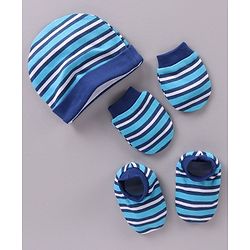 Babyhug 100% Cotton Cap Mittens & Booties Striped Blue - Diameter 11 cm