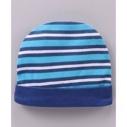 Babyhug 100% Cotton Cap Mittens & Booties Striped Blue - Diameter 11 cm