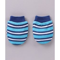 Babyhug 100% Cotton Cap Mittens & Booties Striped Blue - Diameter 11 cm
