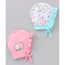 Babyhug 100% Cotton Knit Tie Knot Caps Floral Printed Pack of 2 Pink White- Diameter 6.5 cm