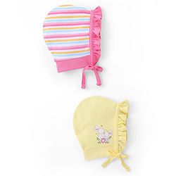 Babyhug 100% Cotton Knit Tie Knot Caps Striped And Rabbit Printed Pack of 2 Pink Yellow- Diameter 12 cm