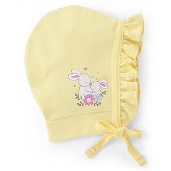 Babyhug 100% Cotton Knit Tie Knot Caps Striped And Rabbit Printed Pack of 2 Pink Yellow- Diameter 12 cm