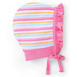 Babyhug 100% Cotton Knit Tie Knot Caps Striped And Rabbit Printed Pack of 2 Pink Yellow- Diameter 12 cm