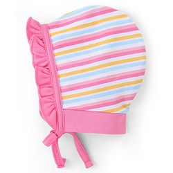 Babyhug 100% Cotton Knit Tie Knot Caps Striped And Rabbit Printed Pack of 2 Pink Yellow- Diameter 12 cm