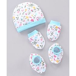 Babyhug 100% Cotton Cap & Mittens With Booties Floral Print Blue - Diameter 11.5 cm