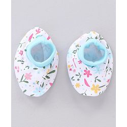 Babyhug 100% Cotton Cap & Mittens With Booties Floral Print Blue - Diameter 11.5 cm