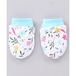 Babyhug 100% Cotton Cap & Mittens With Booties Floral Print Blue - Diameter 11.5 cm