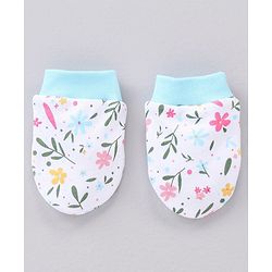 Babyhug 100% Cotton Cap & Mittens With Booties Floral Print Blue - Diameter 11.5 cm