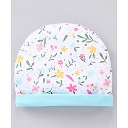 Babyhug 100% Cotton Cap & Mittens With Booties Floral Print Blue - Diameter 11.5 cm