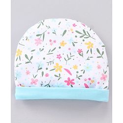 Babyhug 100% Cotton Cap & Mittens With Booties Floral Print Blue - Diameter 11.5 cm