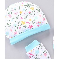 Babyhug 100% Cotton Cap & Mittens With Booties Floral Print Blue - Diameter 11.5 cm