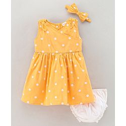 Babyhug Sleeveless 100% Cotton Frock with Bloomer Polka Dot Print - Mustard