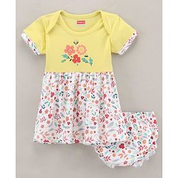 Babyhug 100% Cotton Knit Half Sleeves Frock Floral Print With bloomer- Yellow