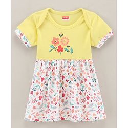 Babyhug 100% Cotton Knit Half Sleeves Frock Floral Print With bloomer- Yellow
